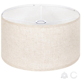 OUTON beige large drum shade showing dimensions for easy lamp compatibility.