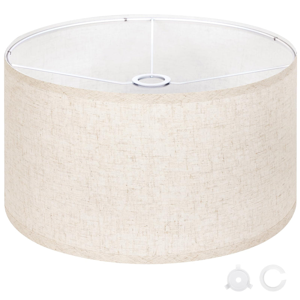 OUTON beige large drum shade showing dimensions for easy lamp compatibility.