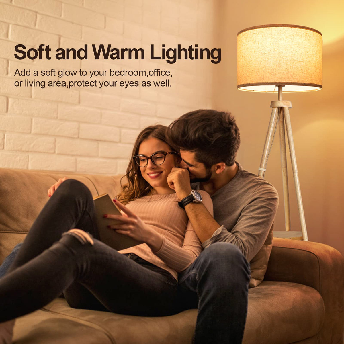 OUTON lamp lit in a cozy living room setting.