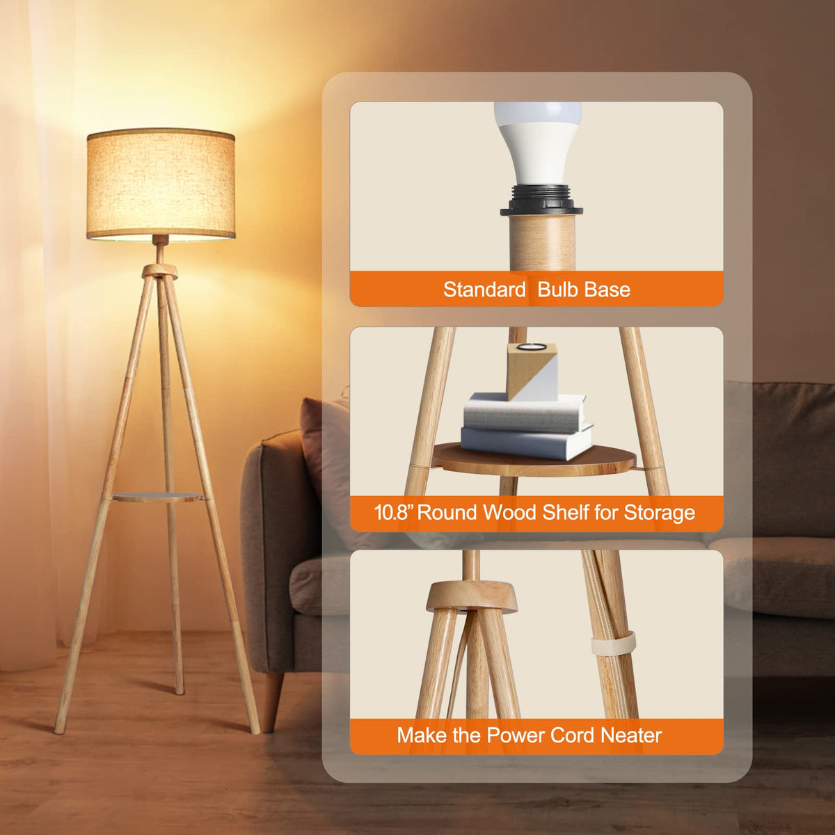 OUTON lamp shelf displaying decor and books.