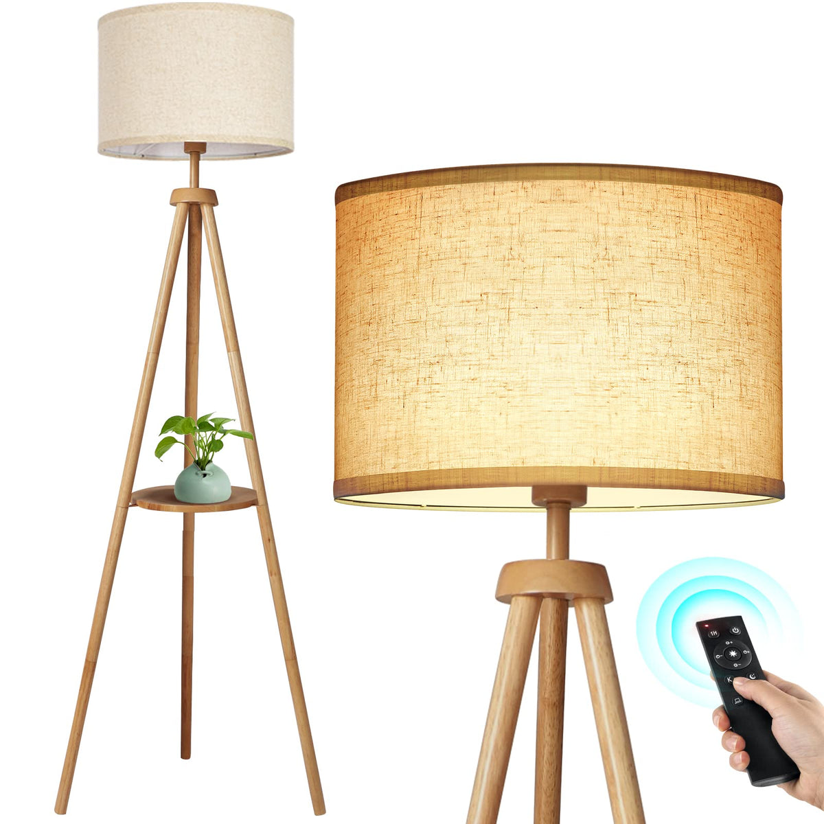 OUTON wood tripod lamp with shelf enhances living room ambiance.