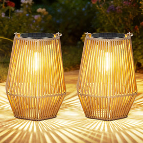OUTONLIFE solar lantern hanging with woven rattan texture for warm outdoor ambience