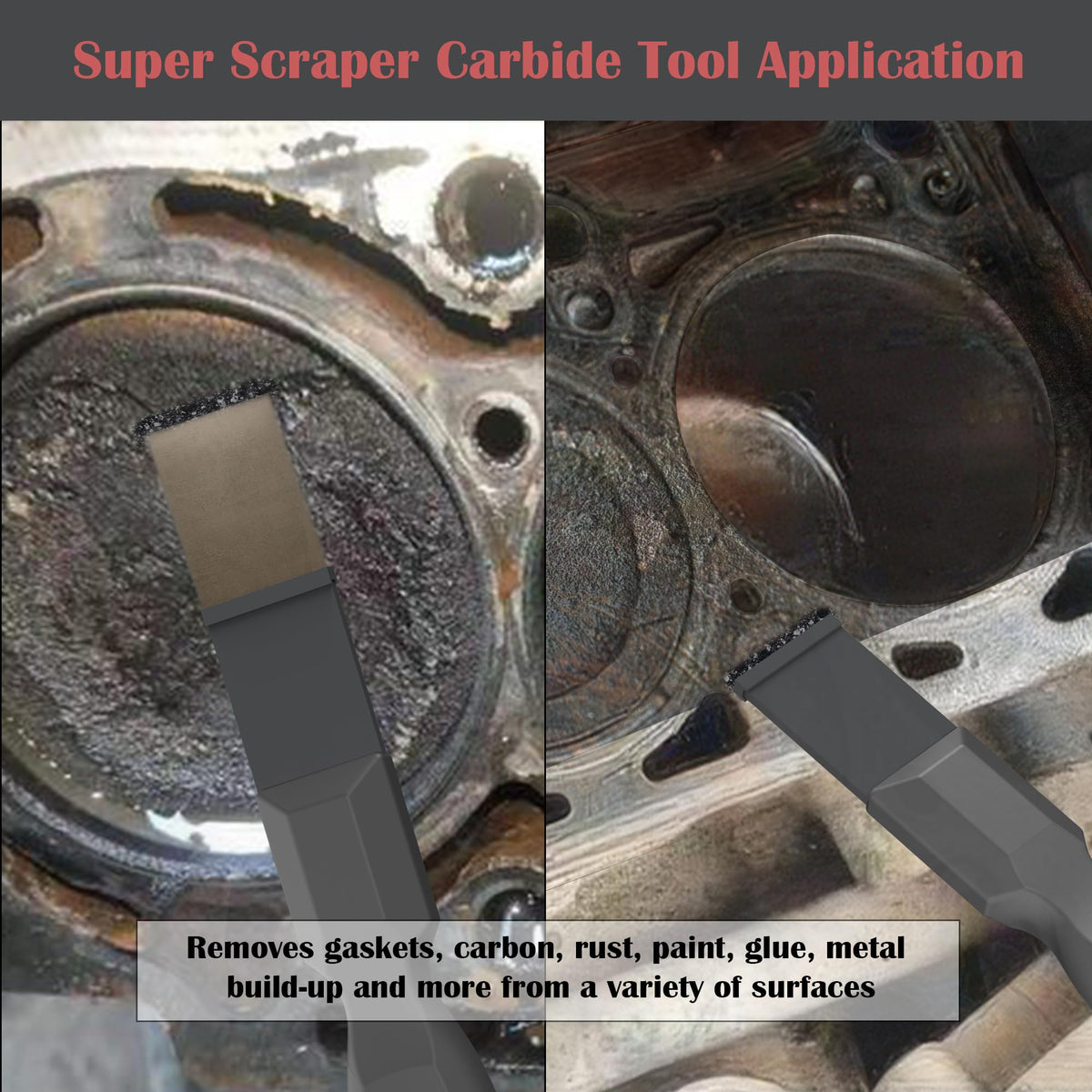 OUXIO Carbide Scraper in use on engine parts to clean gasket residues