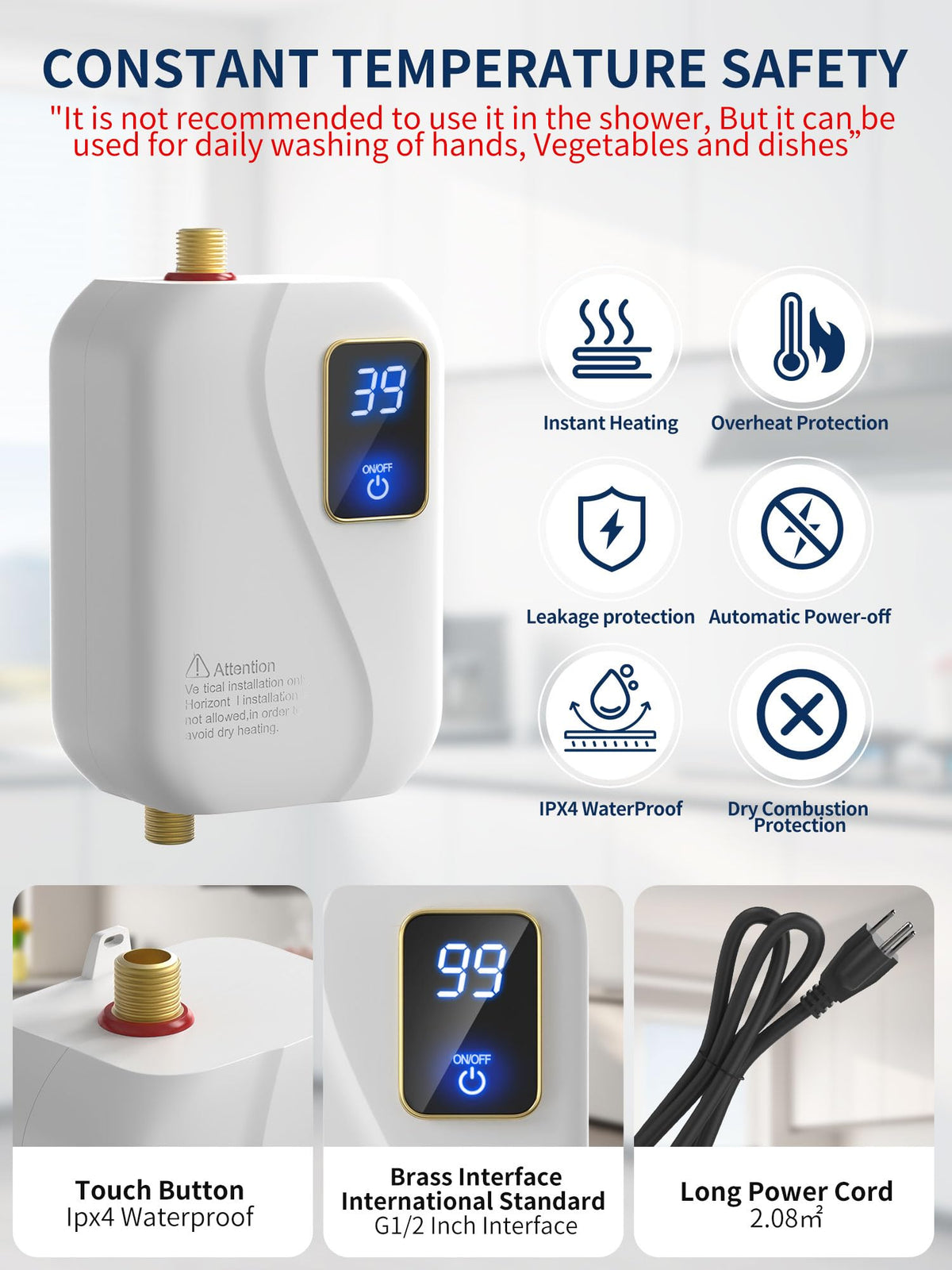 OVAS HOO IPX4-rated body resists moisture while delivering safe hot water