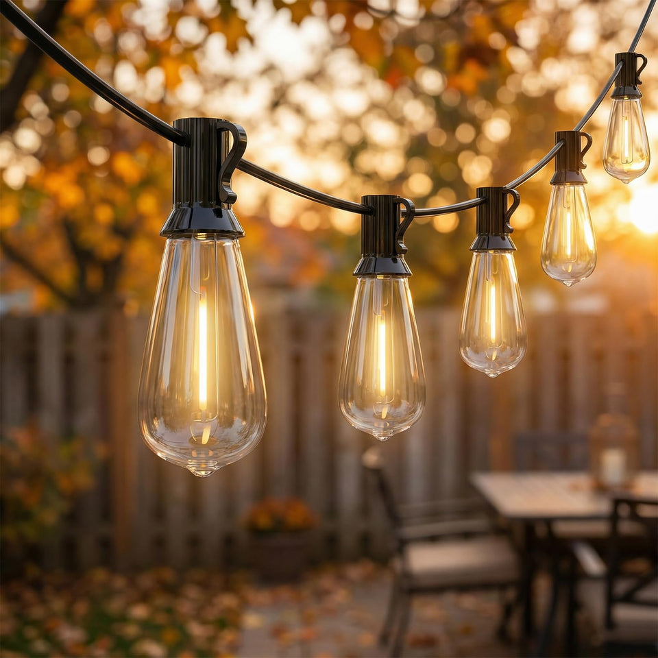 Oviejo LED outdoor string lights with 22 ST40 bulbs illuminate patios for warm ambience