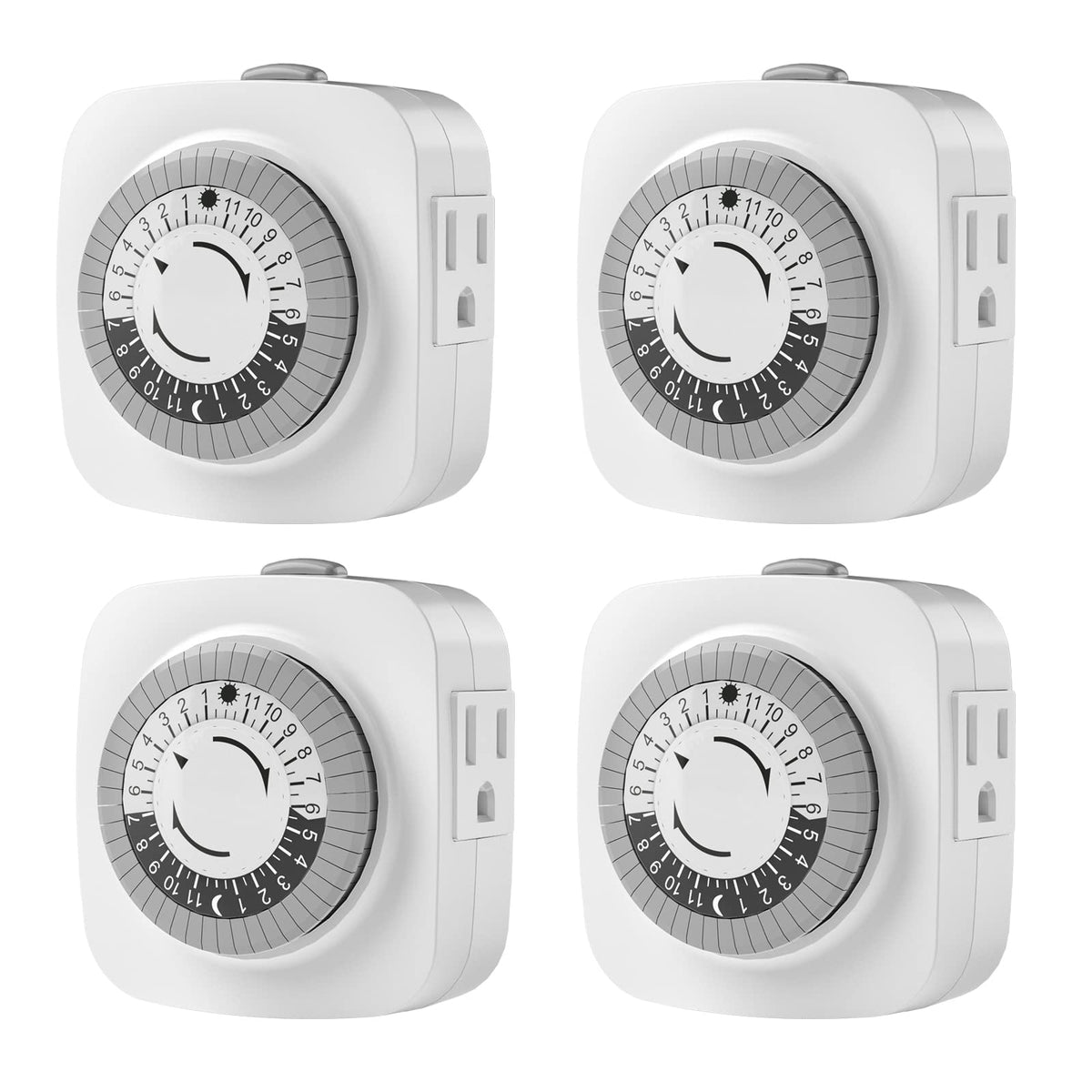 oviitech 24-hour timer front view with dial and dual grounded sockets for lamps.