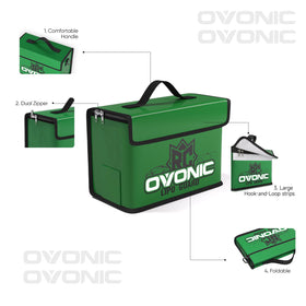OVONIC Lipo Safe Bag close-up shows fireproof cloth and sturdy construction.