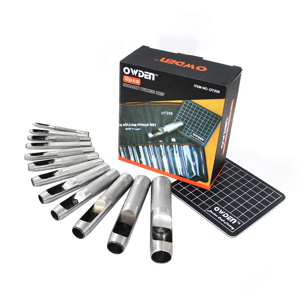 OWDEN leather hole punch set with cutting mat protects edges during punching.