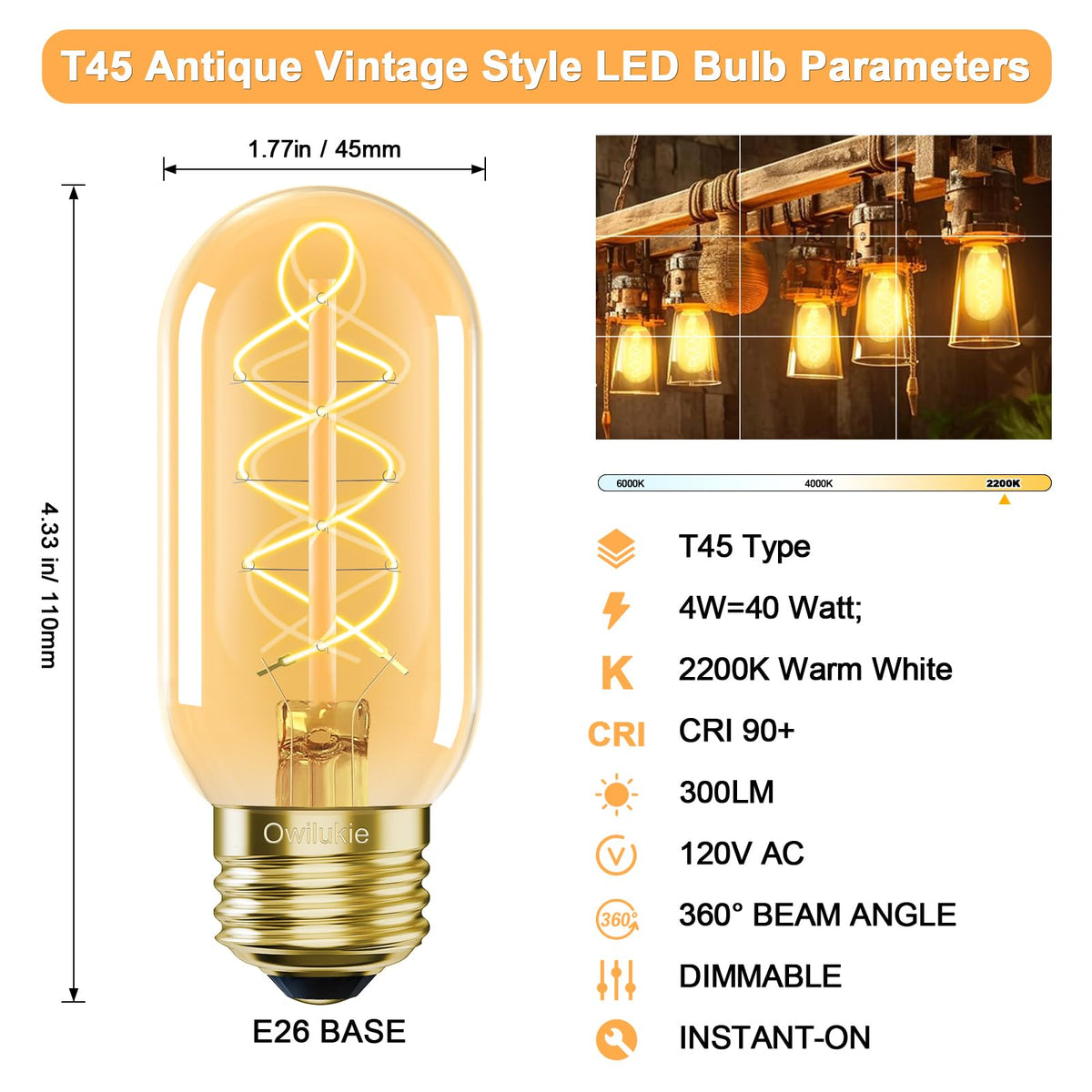 Owilukie T45 LED spiral filament amber for retro aesthetic.