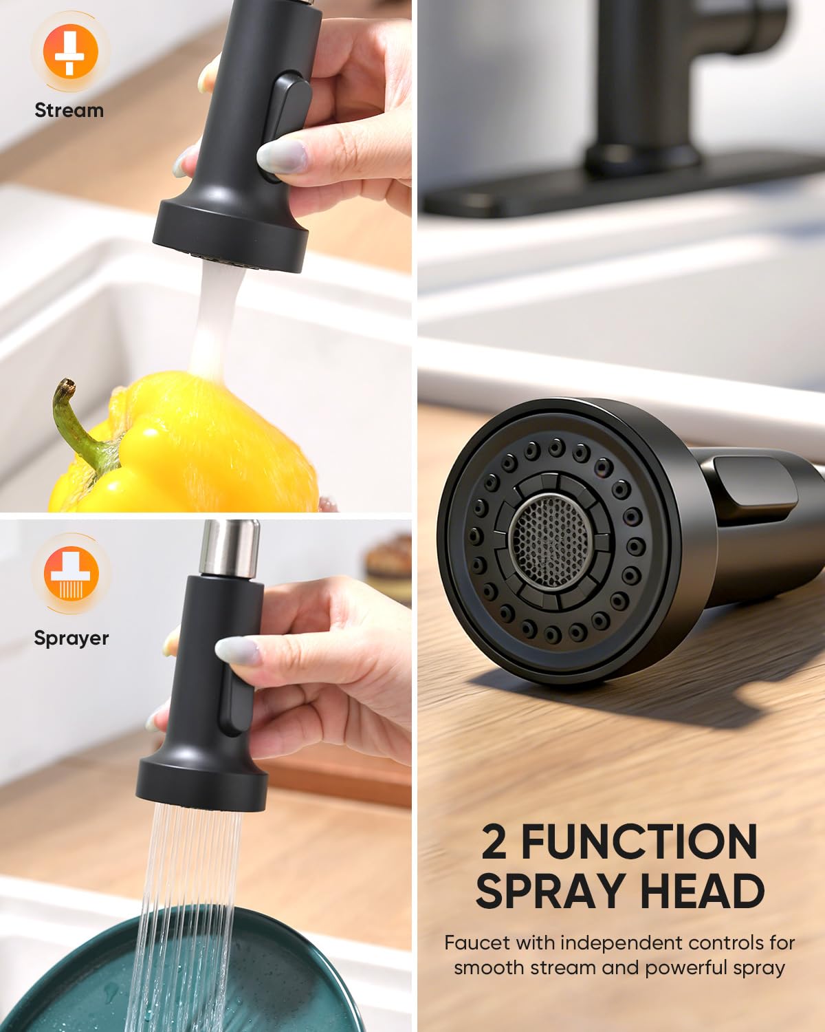 OWOFAN 17.7-inch pull-out hose offers flexible reach across the sink.