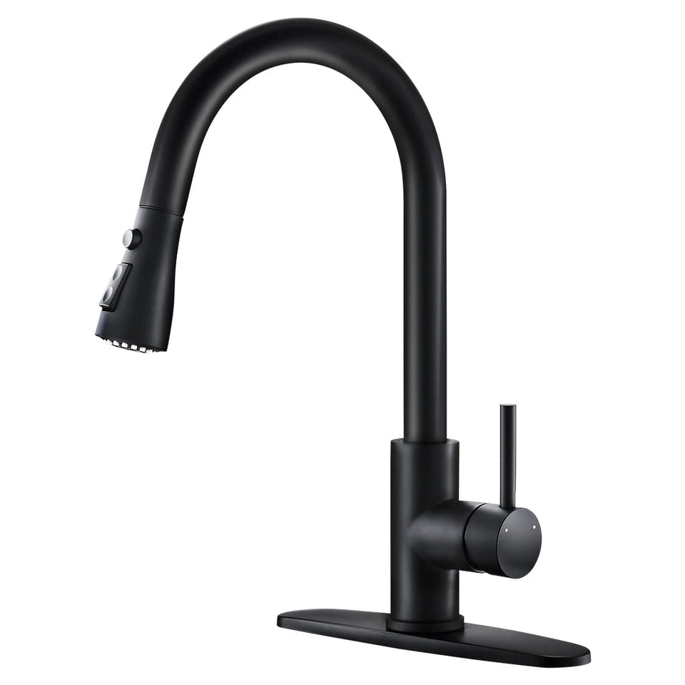 OWOFAN black faucet with pull-down sprayer for versatile kitchen tasks.