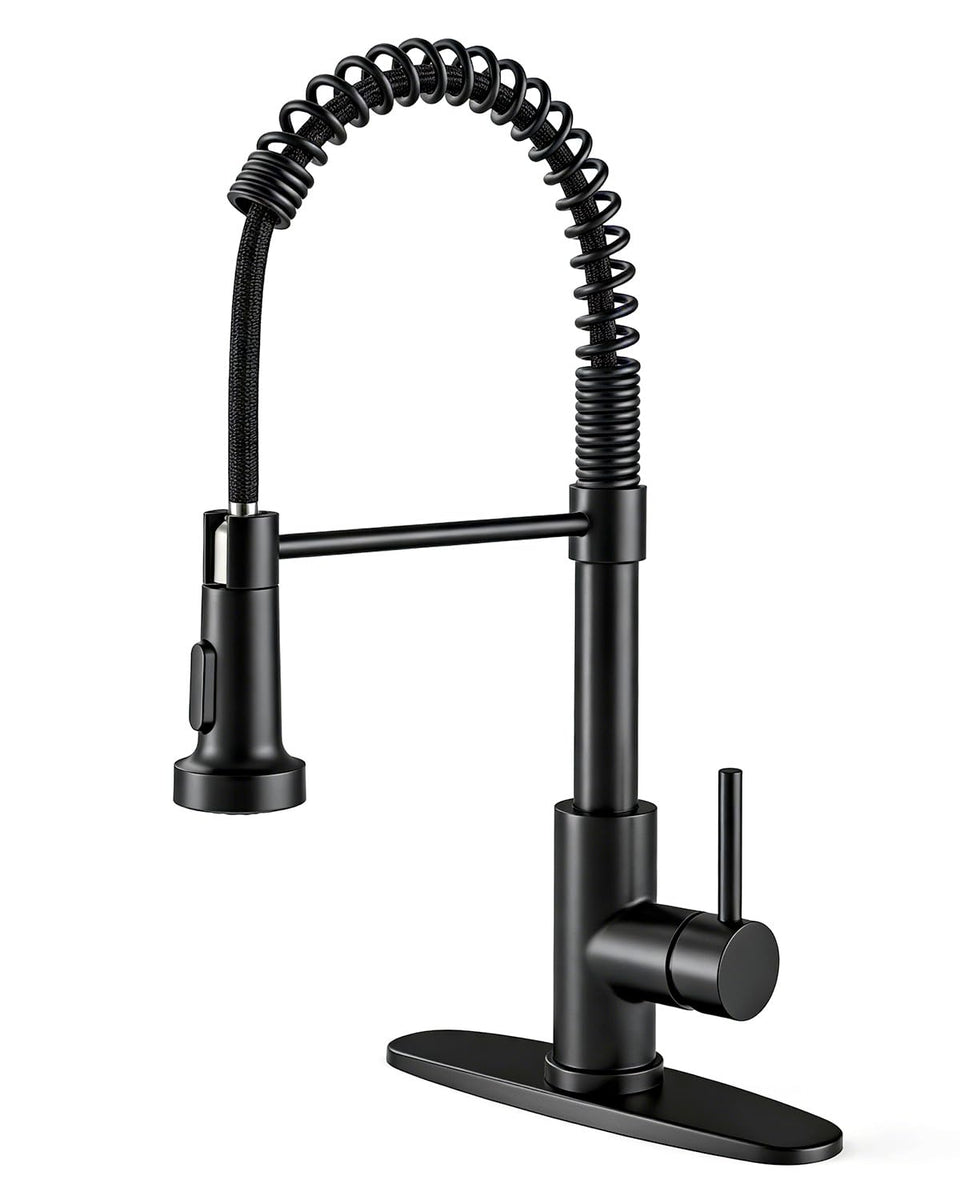 OWOFAN black kitchen faucet with pull-down sprayer for wide sink reach and precise control.