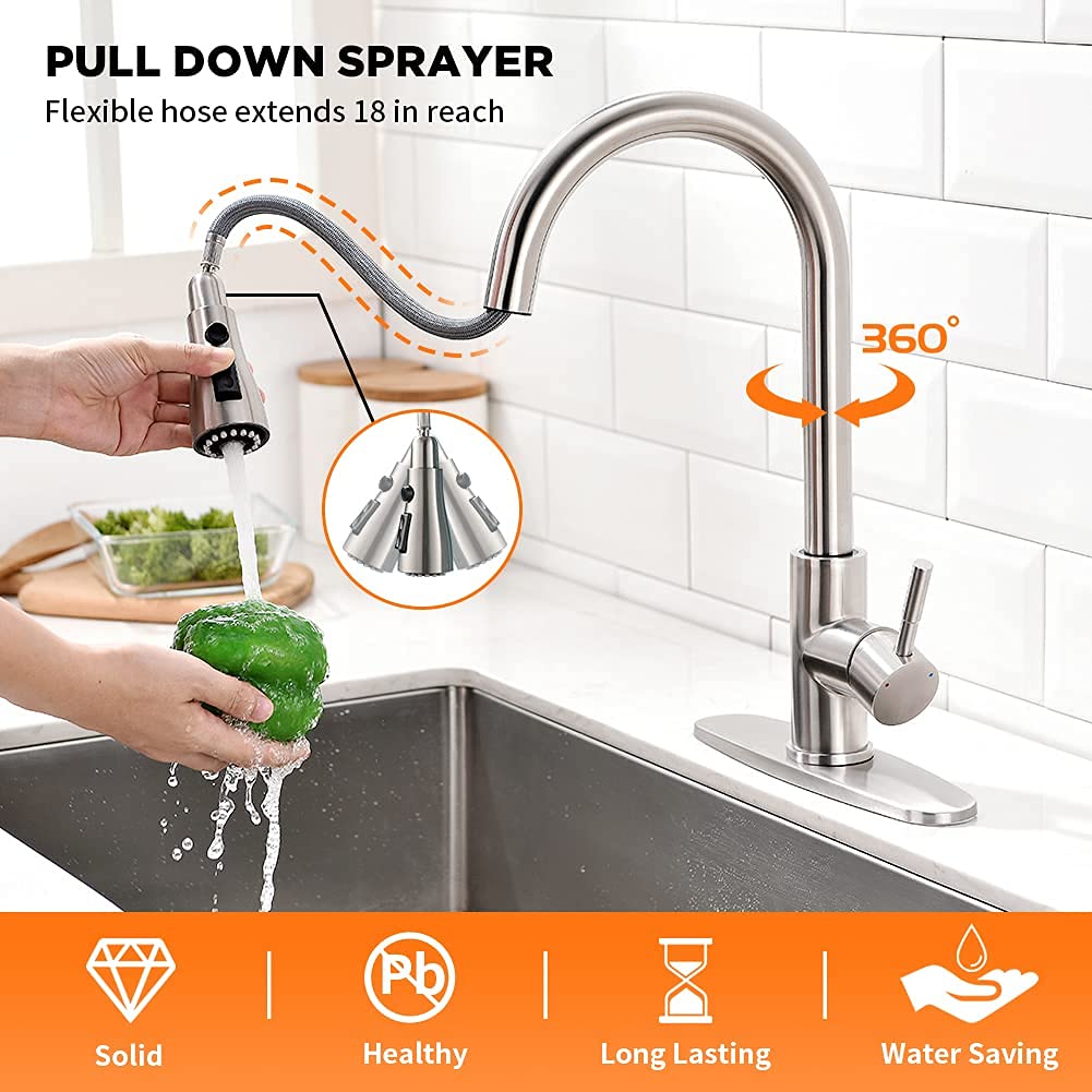OWOFAN pull-down action demonstrates an extended 18-inch spray hose