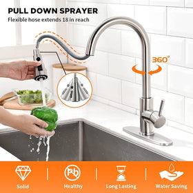 OWOFAN pull-down action demonstrates an extended 18-inch spray hose