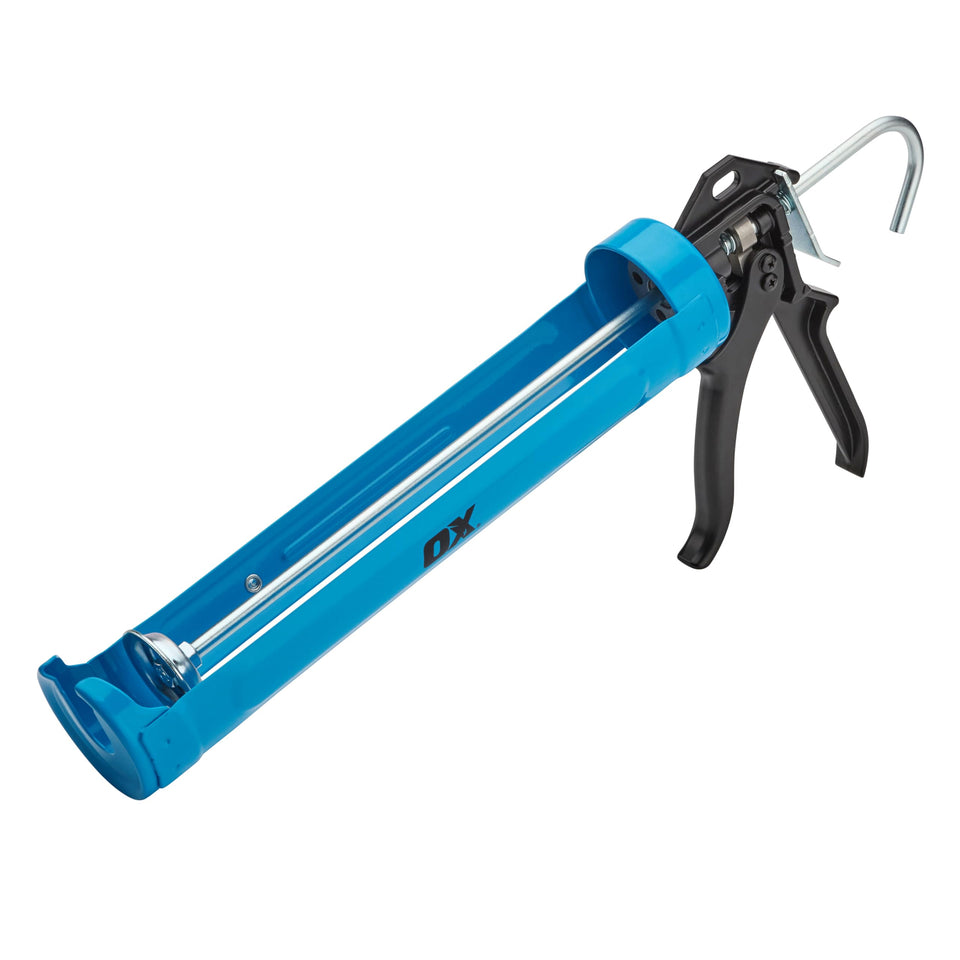 OX Pro caulk gun with rotating barrel enables precise sealant placement.