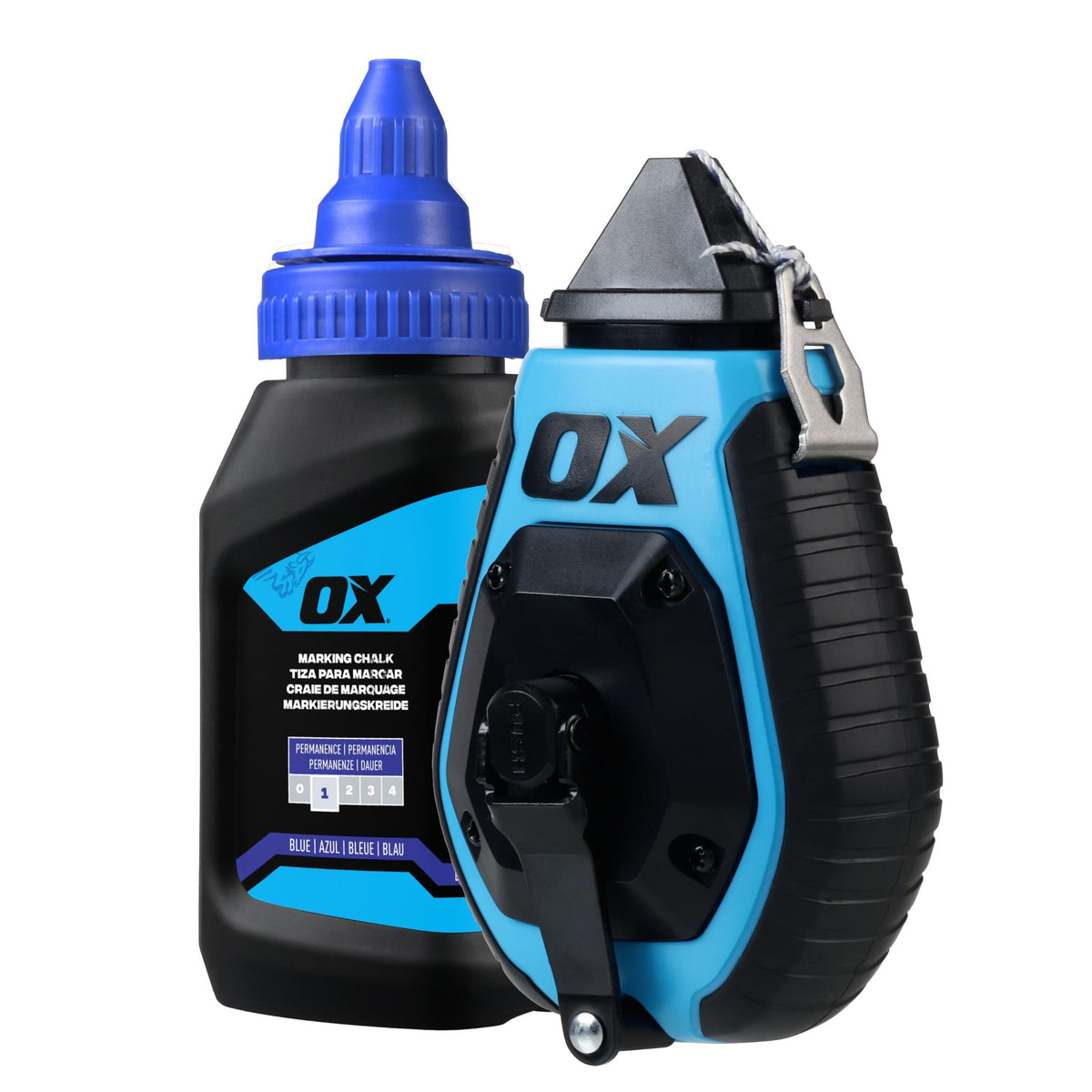 OX Pro chalk line with ABS plastic body and rubber grip for durable on-site marking
