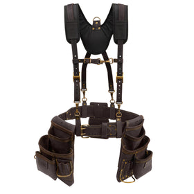 OX Pro oil-tanned leather tool belt with padded suspenders for all-day comfort.