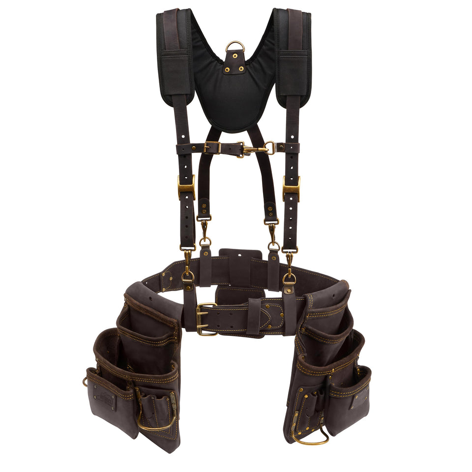 OX Pro oil-tanned leather tool belt with padded suspenders for all-day comfort.