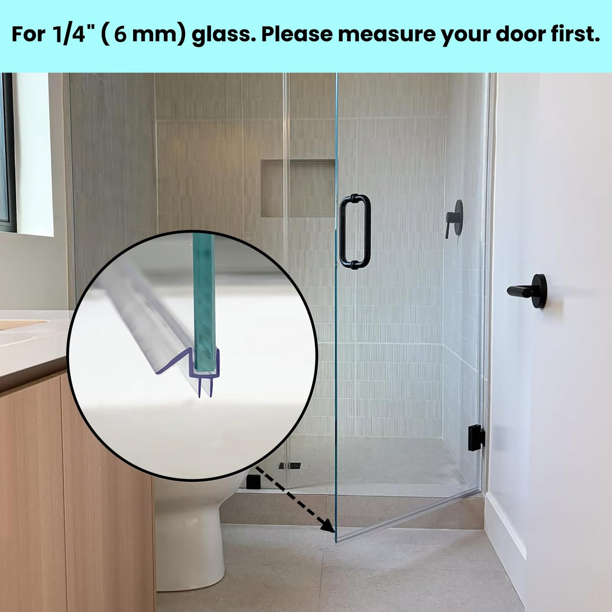 Oxelio shower door seal installs without adhesives for quick setup.