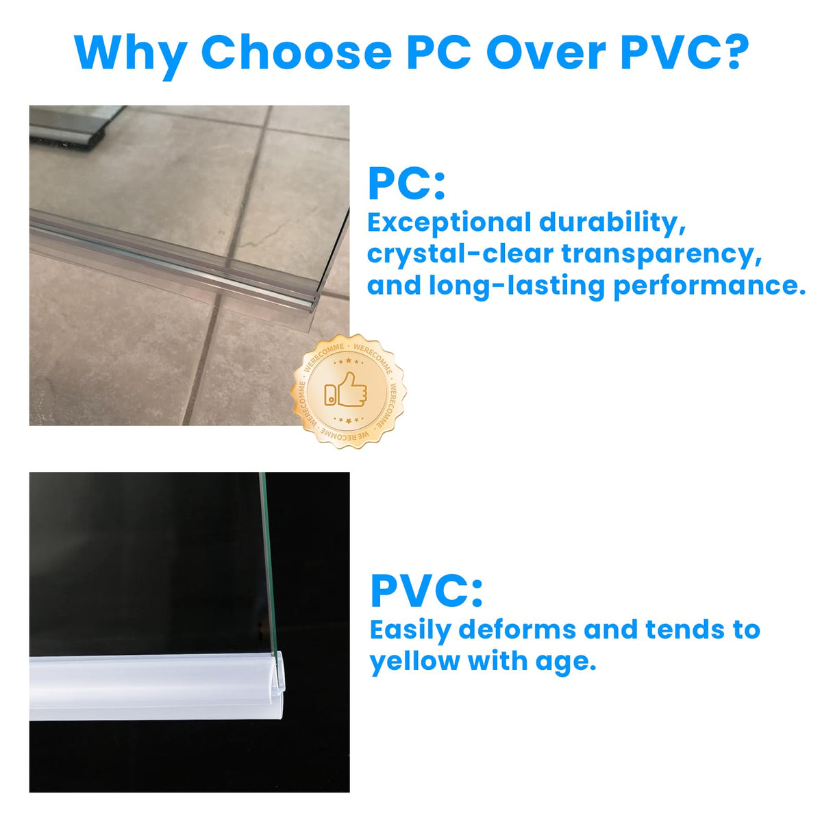 Oxelio polycarbonate seal offers clear, durable edge for glass shower doors.