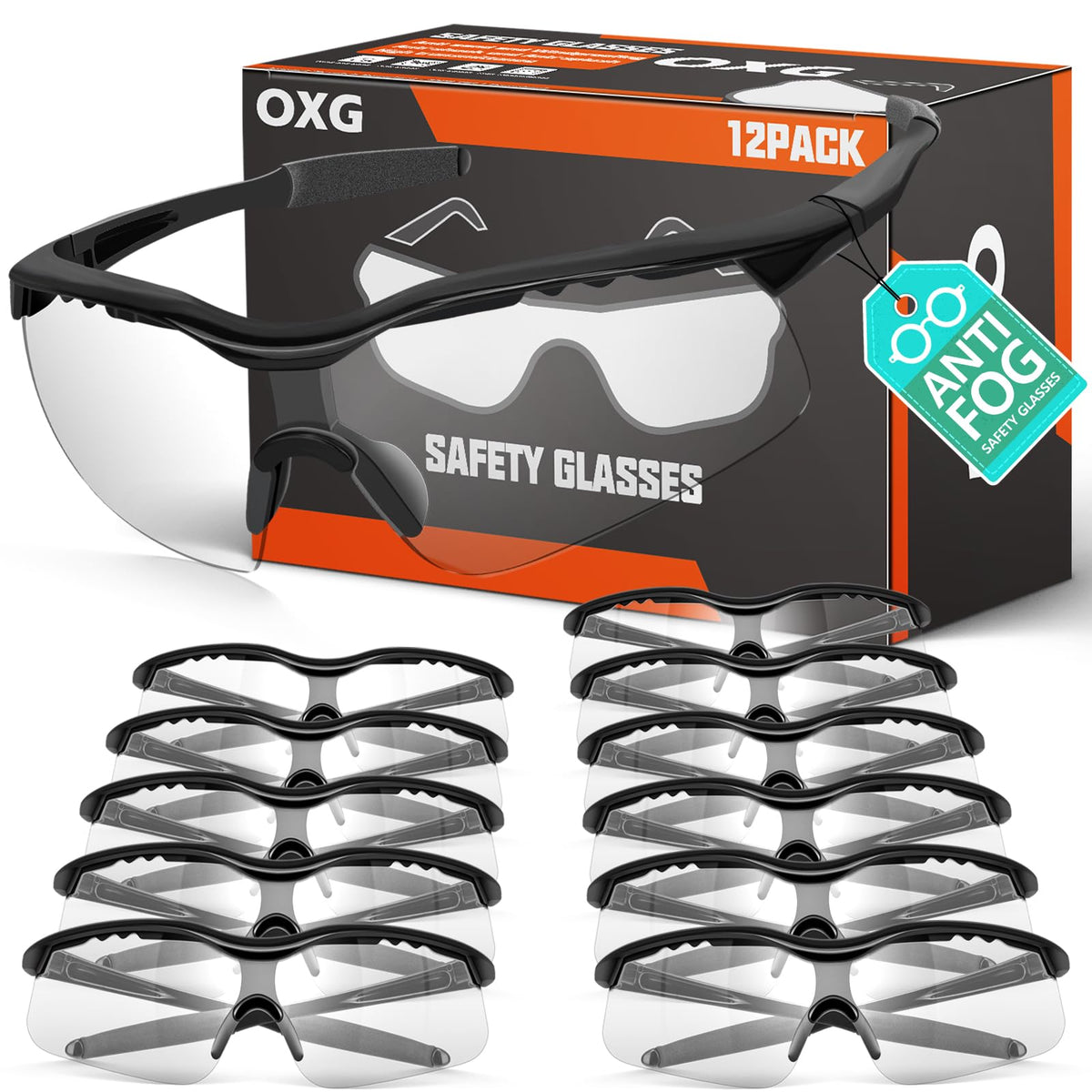 OXG 12-pack anti fog safety glasses with clear lenses for reliable eye protection
