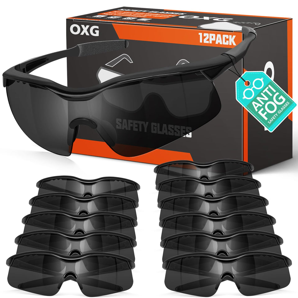 OXG 12-pack anti-fog safety glasses in protective packaging for professionals