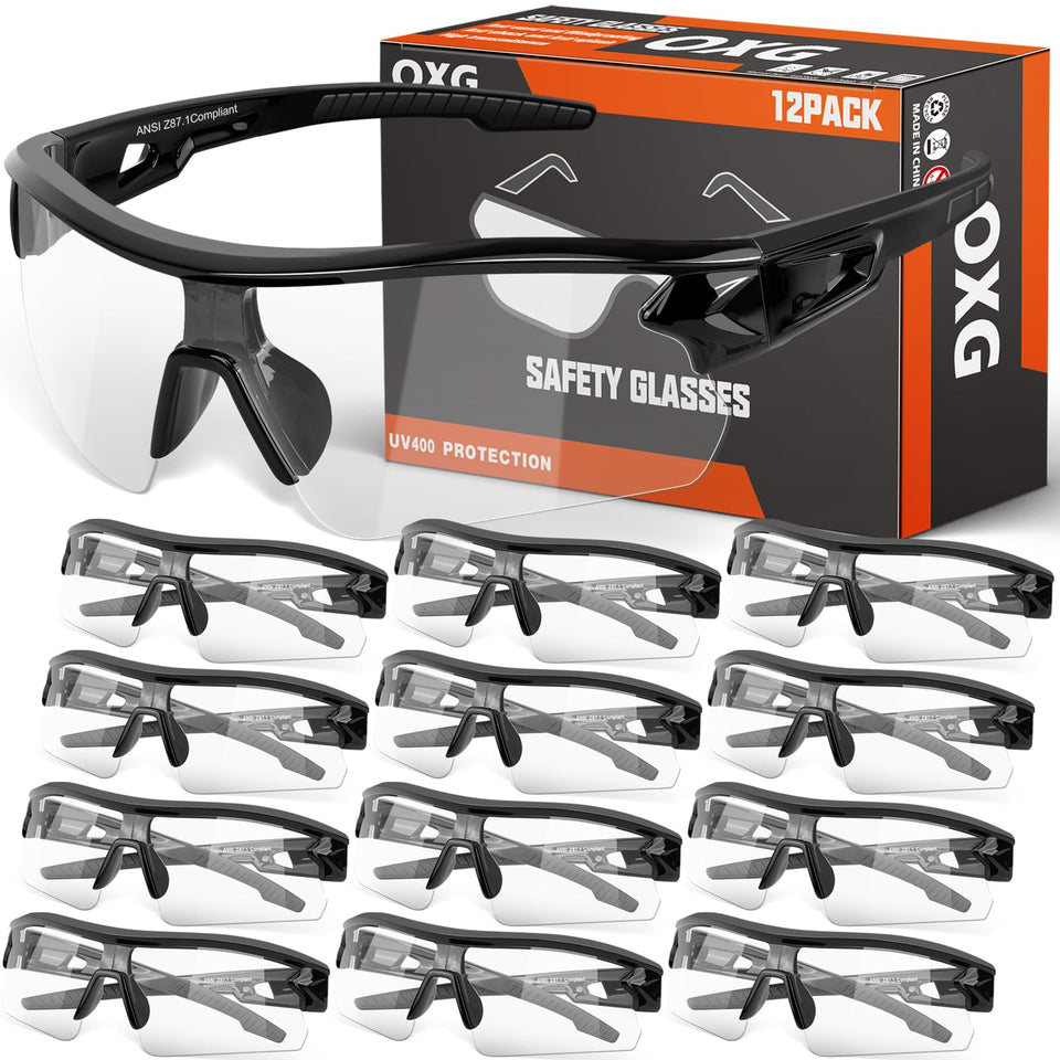 OXG 12-pack safety glasses with packaging for easy daily use.
