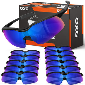 OXG 12-pack safety glasses with blue mirrored lenses provide UV and impact protection.