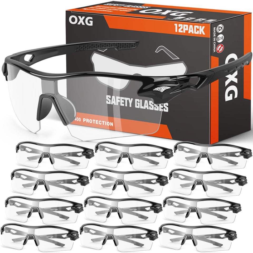 OXG 12-pack safety glasses with clear lenses for daily work and outdoors