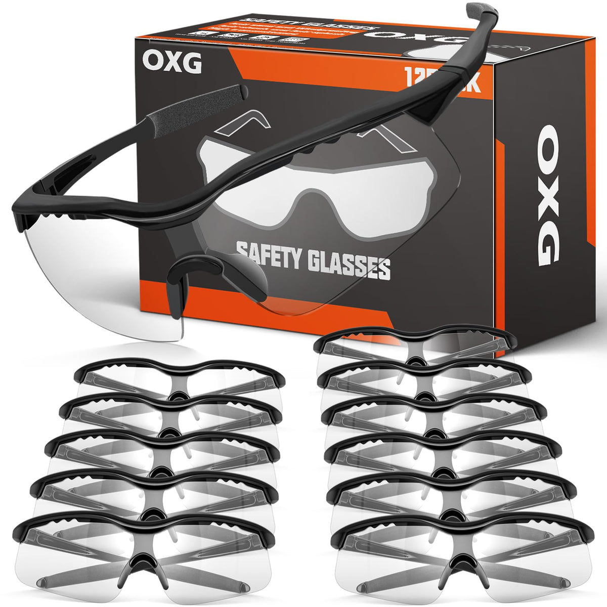 OXG 12-pack safety glasses pack shot for bulk use and value