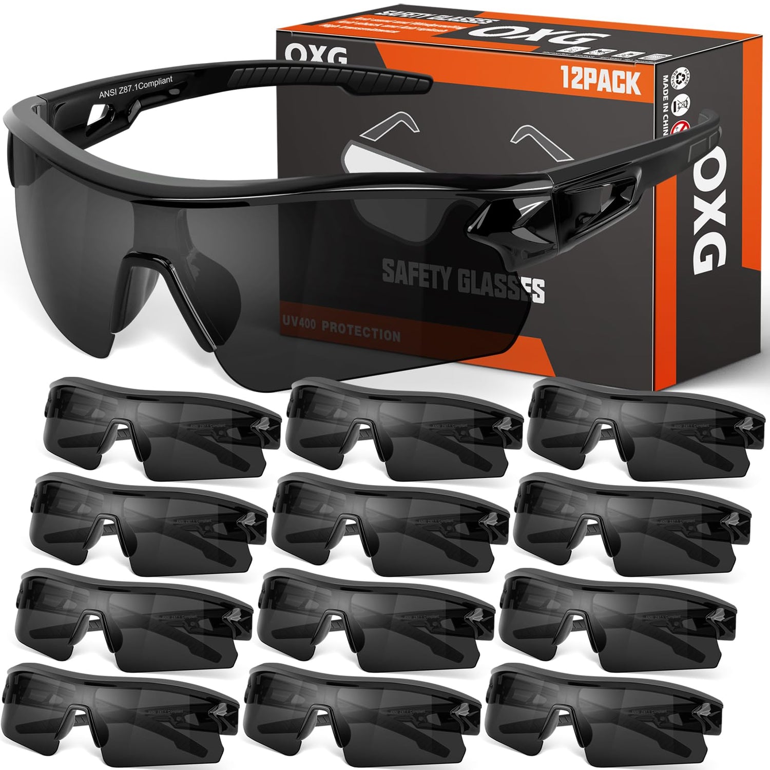 OXG 12-pack safety glasses in packaging for easy distribution.
