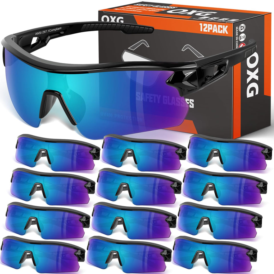 OXG 12-pack tinted safety glasses front view showing durable frame and protection