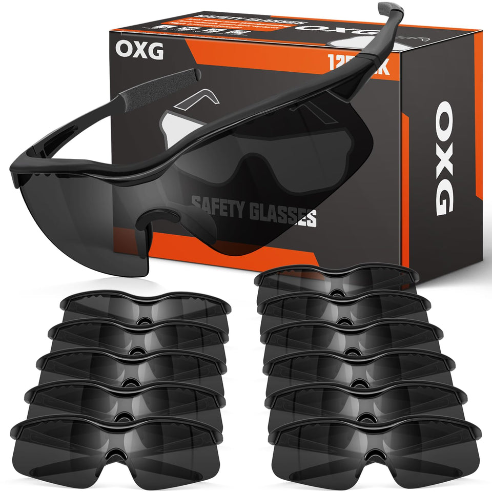 OXG 12-pairs safety glasses with gray lenses and black frames for daily eye protection.