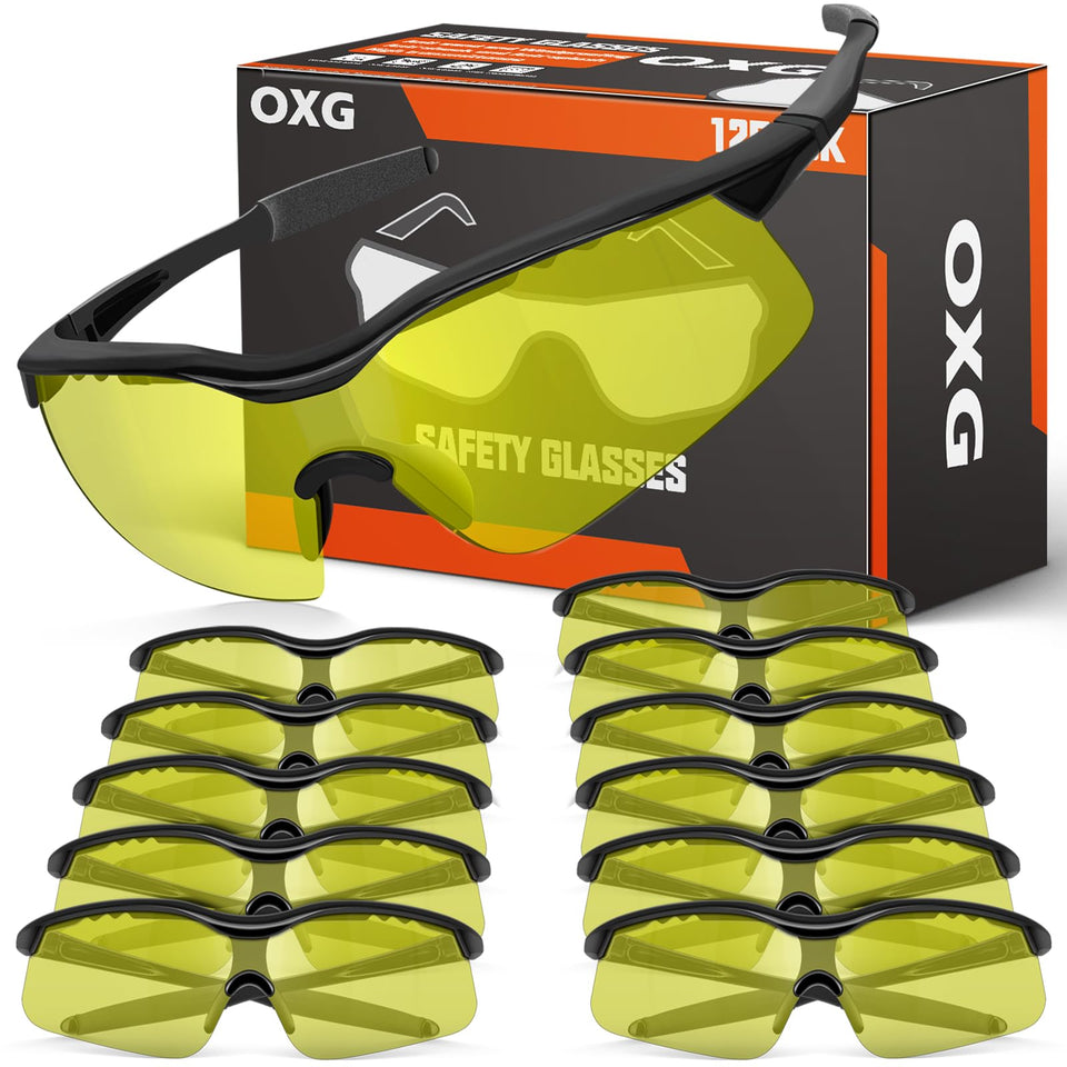 OXG 12-pack safety glasses with yellow frame for all-day protection