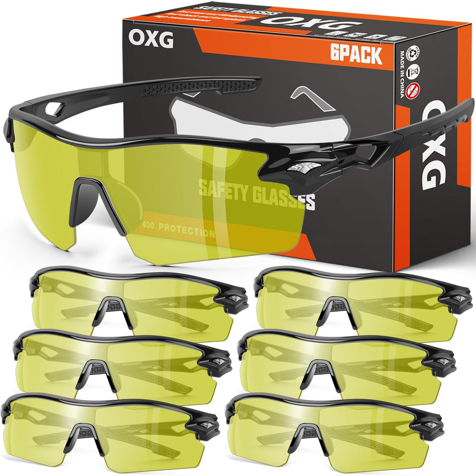 OXG 6-pack safety glasses with yellow lenses for all-day eye protection.
