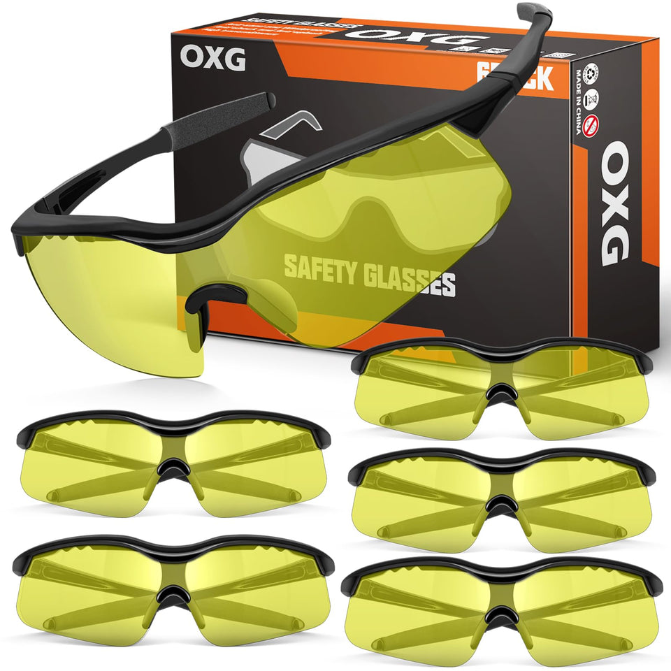 OXG 6-pack safety glasses with wraparound lenses for all-day comfort and protection.