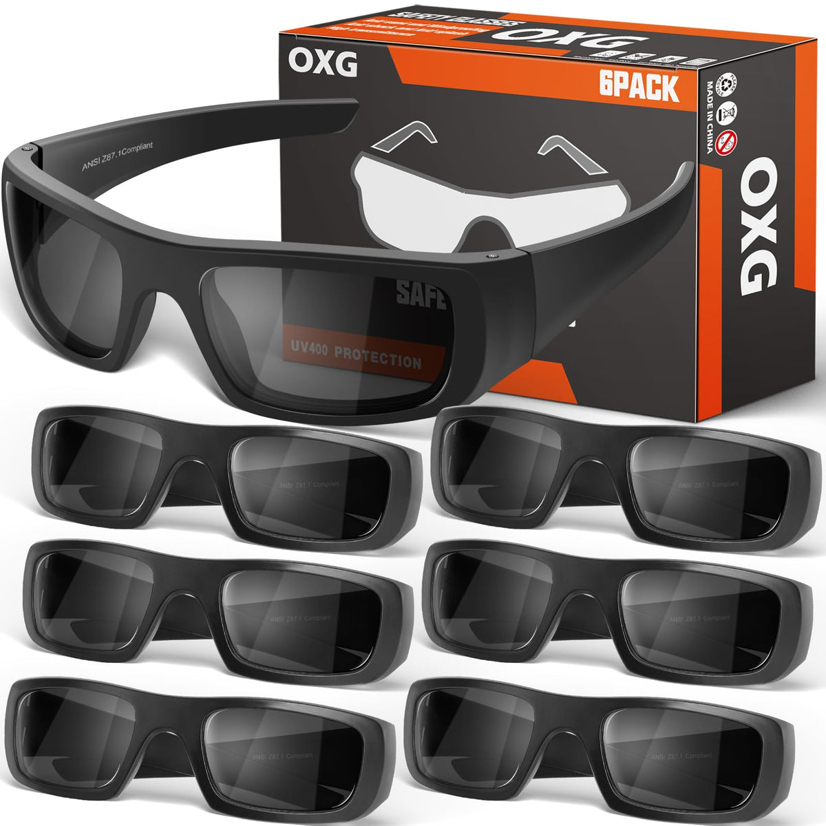 OXG 6-pack safety glasses, packaged for daily eye protection during work.