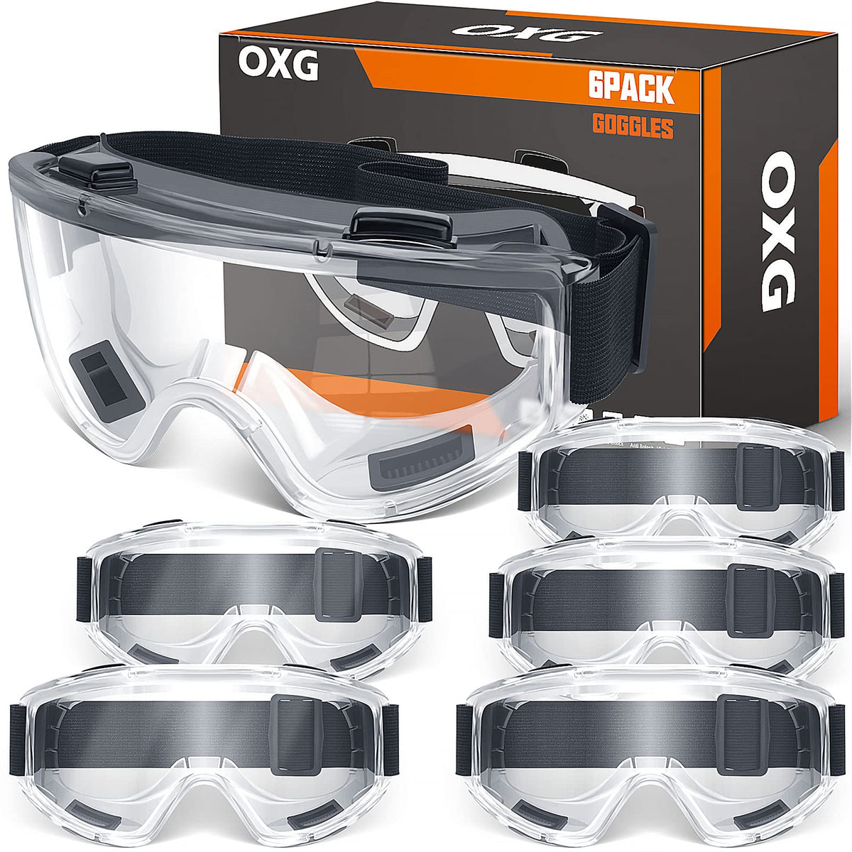 OXG 6-pack safety goggles, wraparound design for full-eye protection