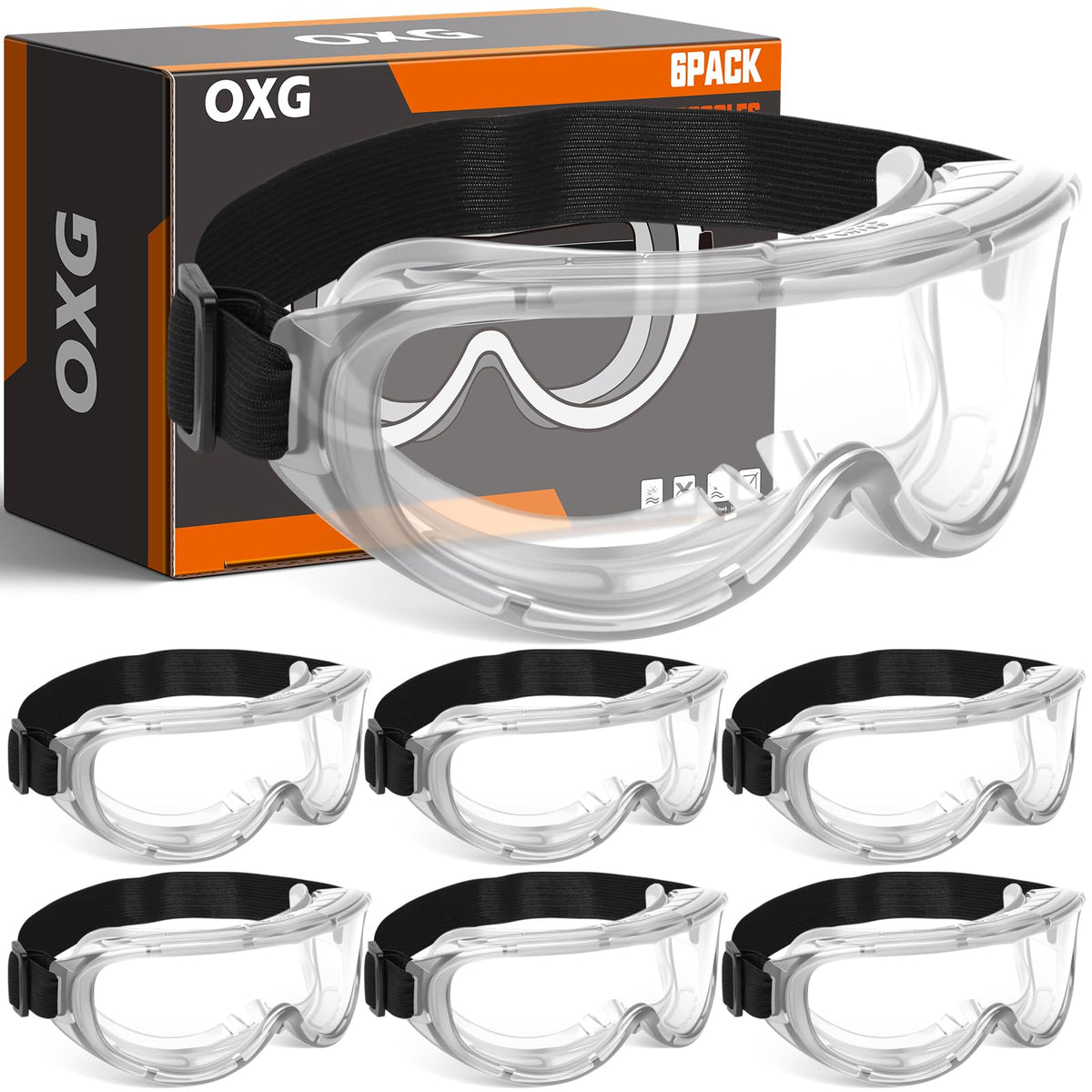 OXG 6-pack protective goggles with anti-fog clear lenses for all-day visibility.