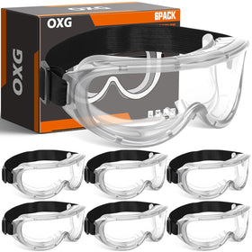 OXG 6-pack protective goggles with anti-fog clear lenses for all-day visibility.