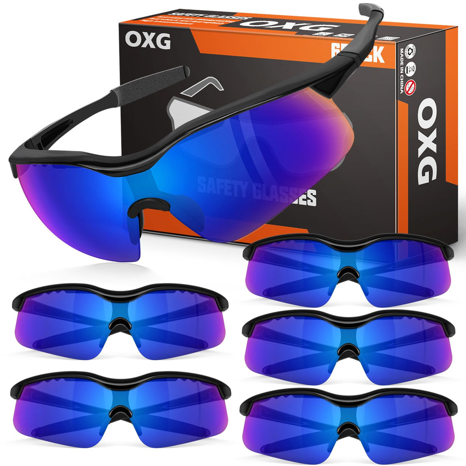OXG 6-pack tinted safety glasses pack offers UV protection and all-day comfort.