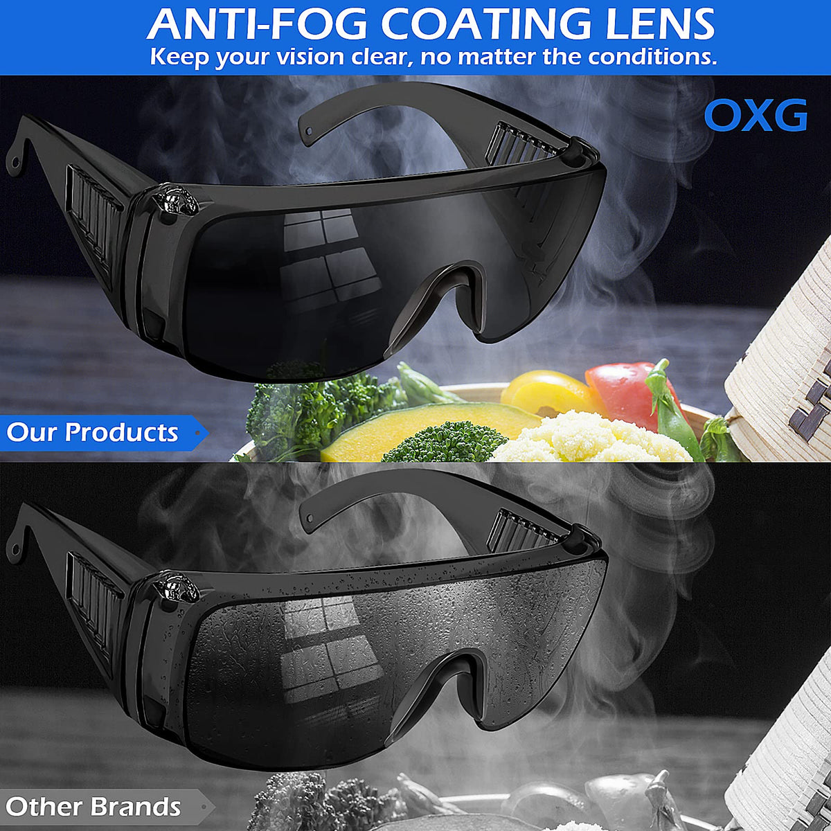 OXG anti fog safety glasses lens coating keeps clarity in humid environments