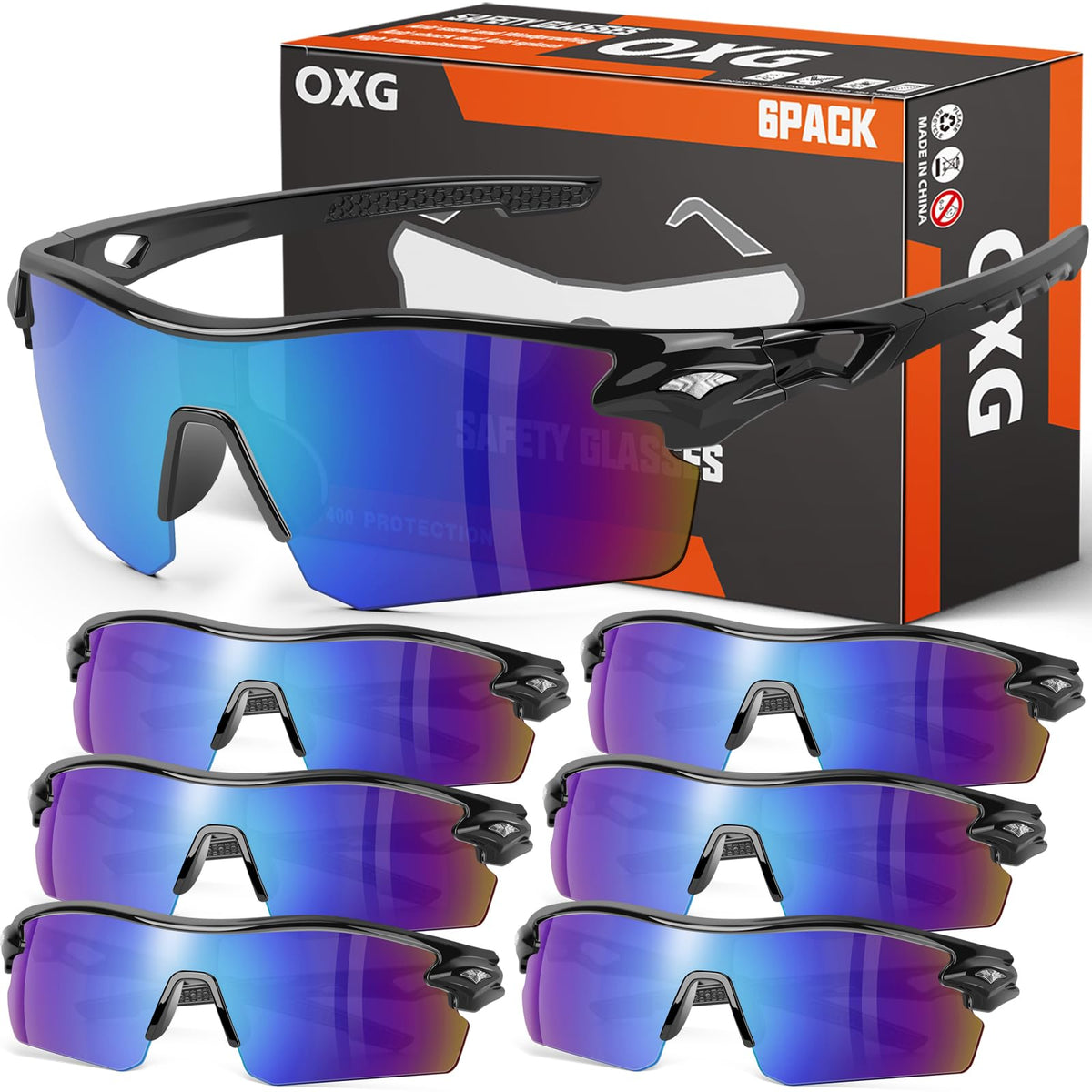 OXG six-pack safety glasses with wraparound lenses and black frame for full protection.