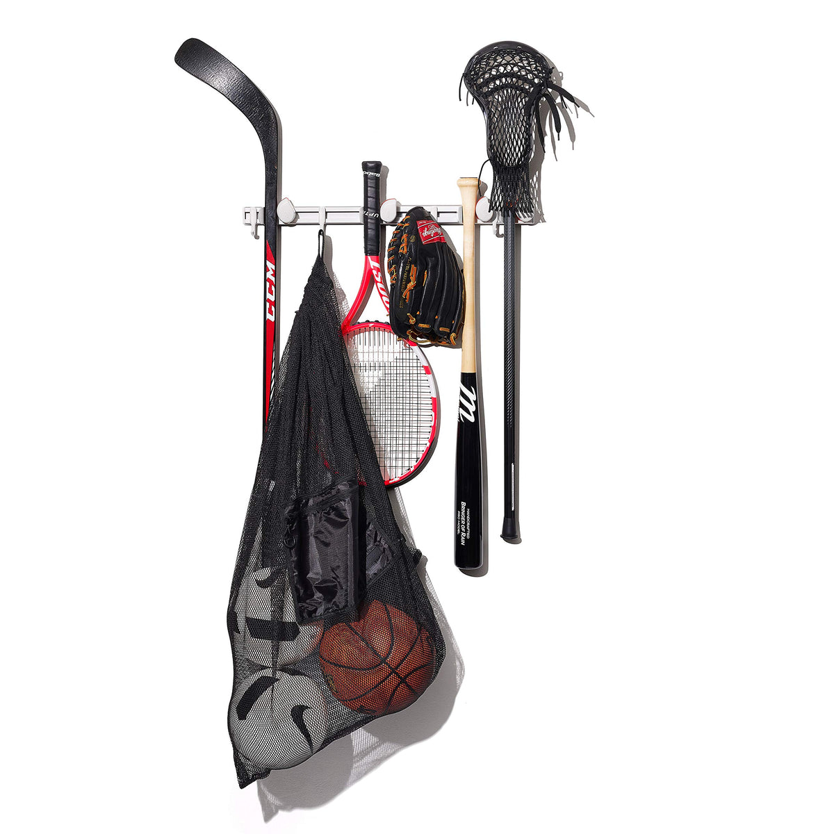 Front-facing hooks hold backpacks and bags to reduce clutter.