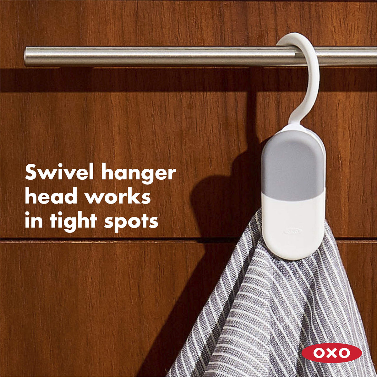 OXO Good Grips ClipHanger swivel hook enables versatile hanging angles