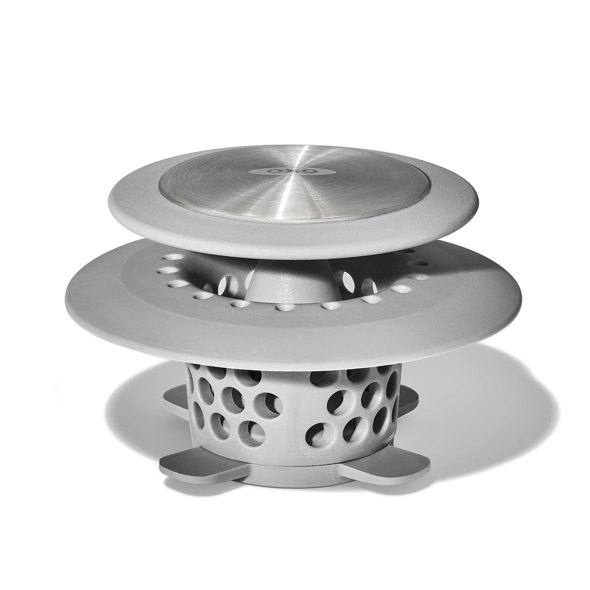 OXO Good Grips drain protector base; promotes hair capture without blocking water flow.
