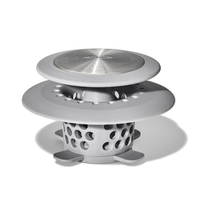 OXO Good Grips drain protector base; promotes hair capture without blocking water flow.