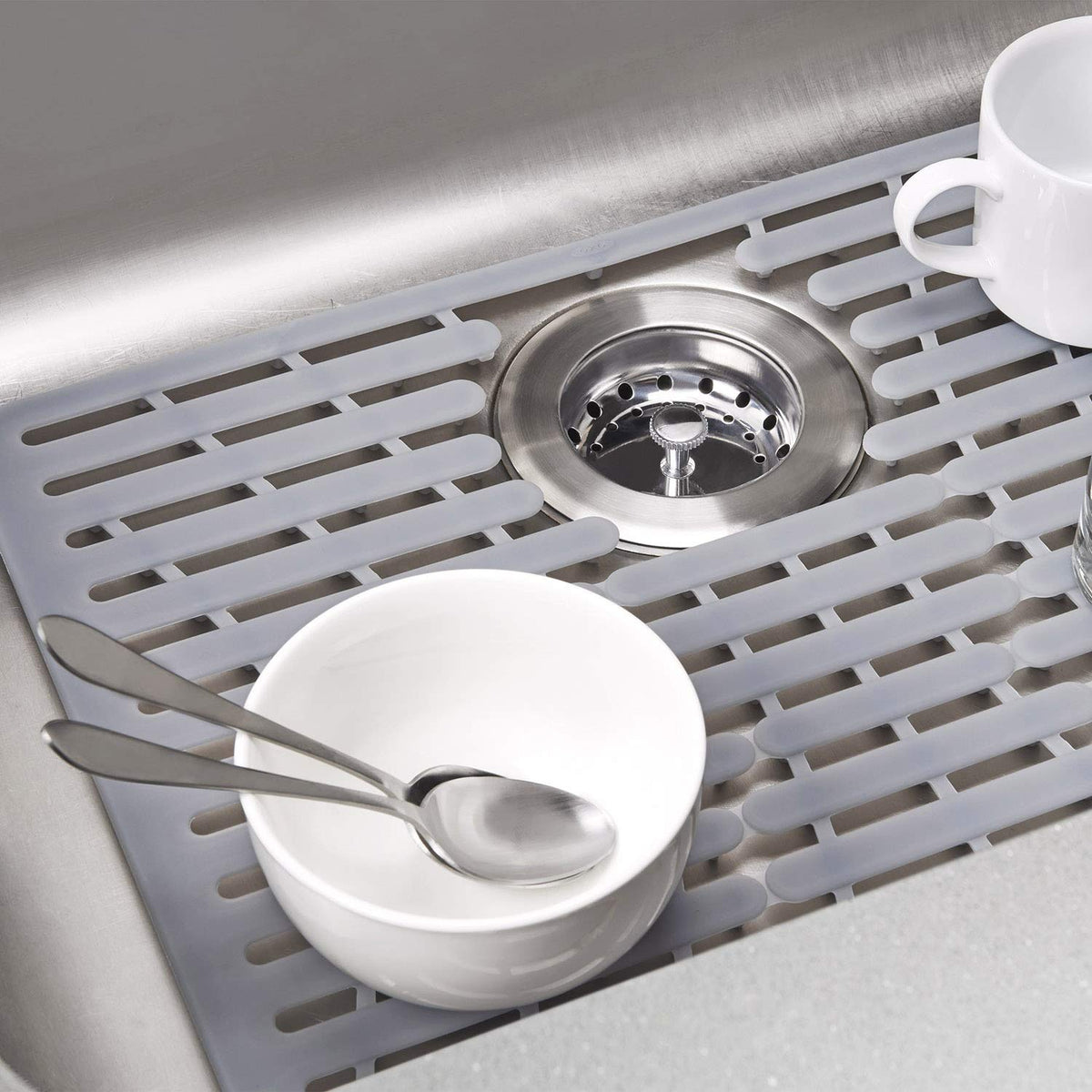OXO Good Grips Silicone Sink Mat Large measures 16.25 in x 12.75 in.