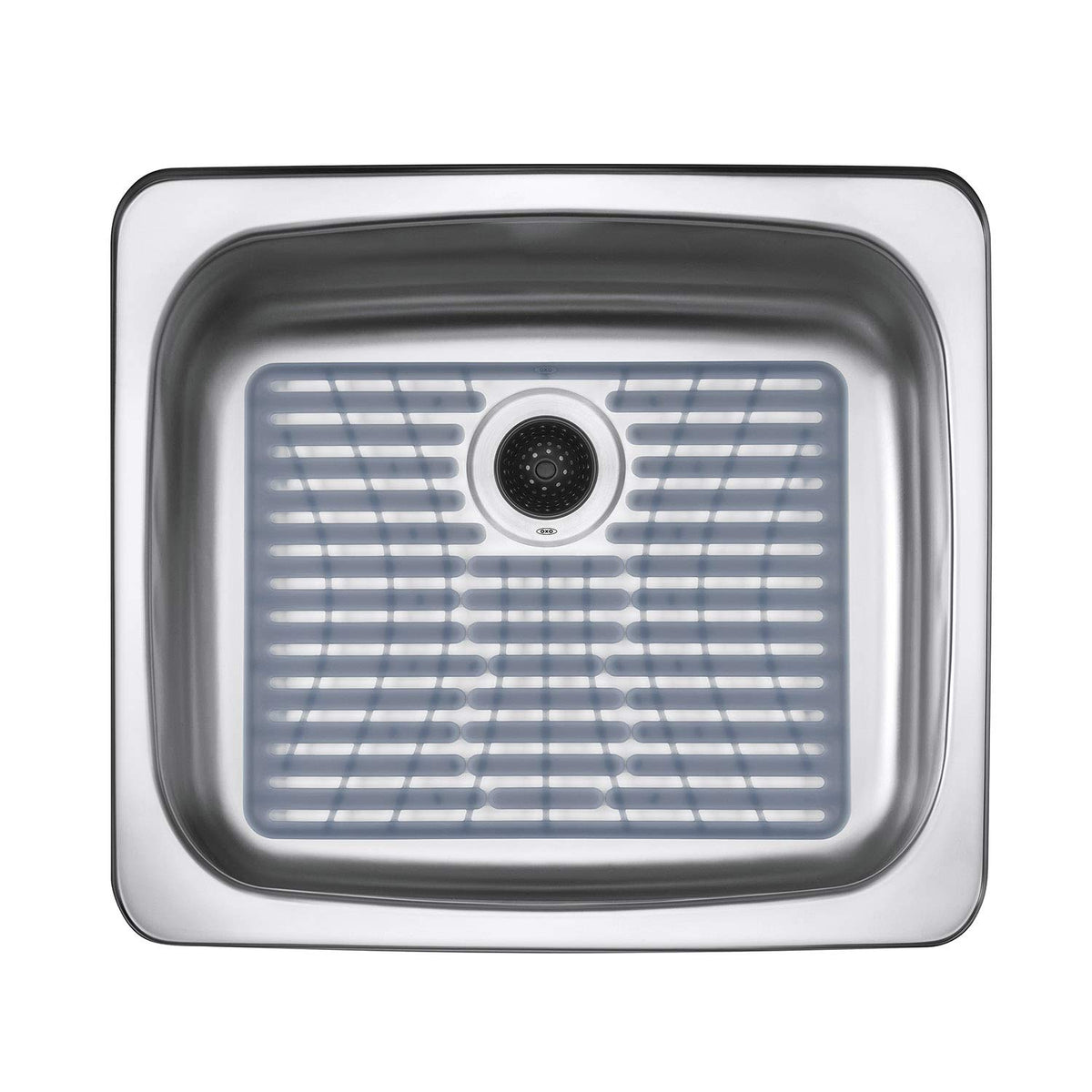OXO Good Grips Silicone Sink Mat Large fits many sinks with drain-pattern compatibility.
