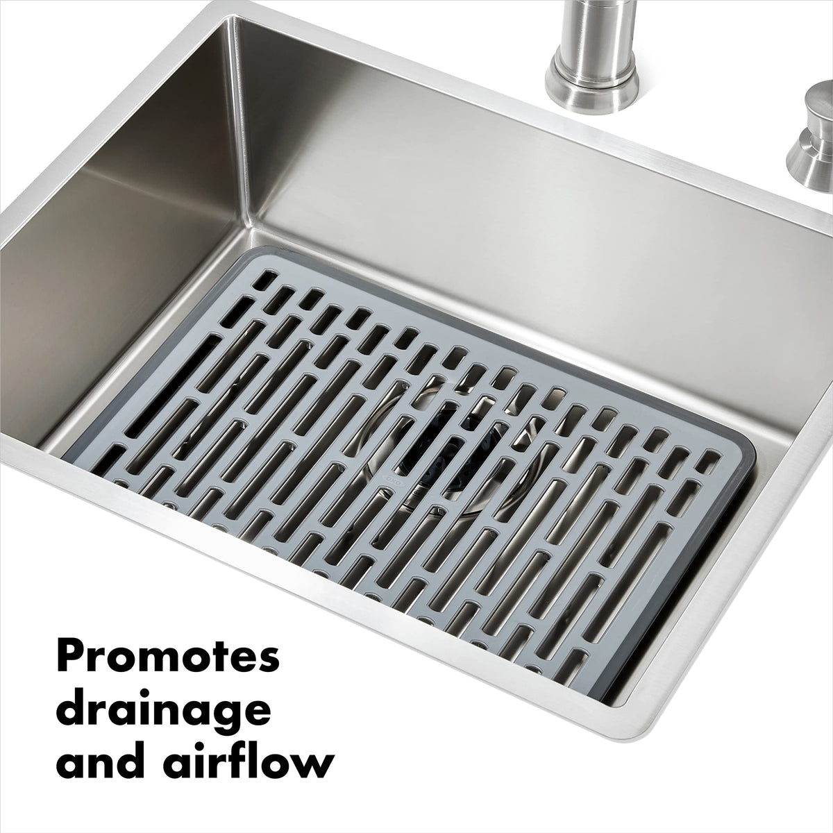 OXO Good Grips Silicone Sink Mat Large is heat-safe for hot cookware.